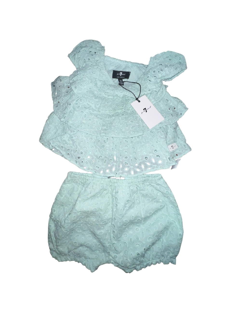 NWT 7 For All Mankind Baby Girl Mint Eyelet Ruffle Top & Shorts Set 18M